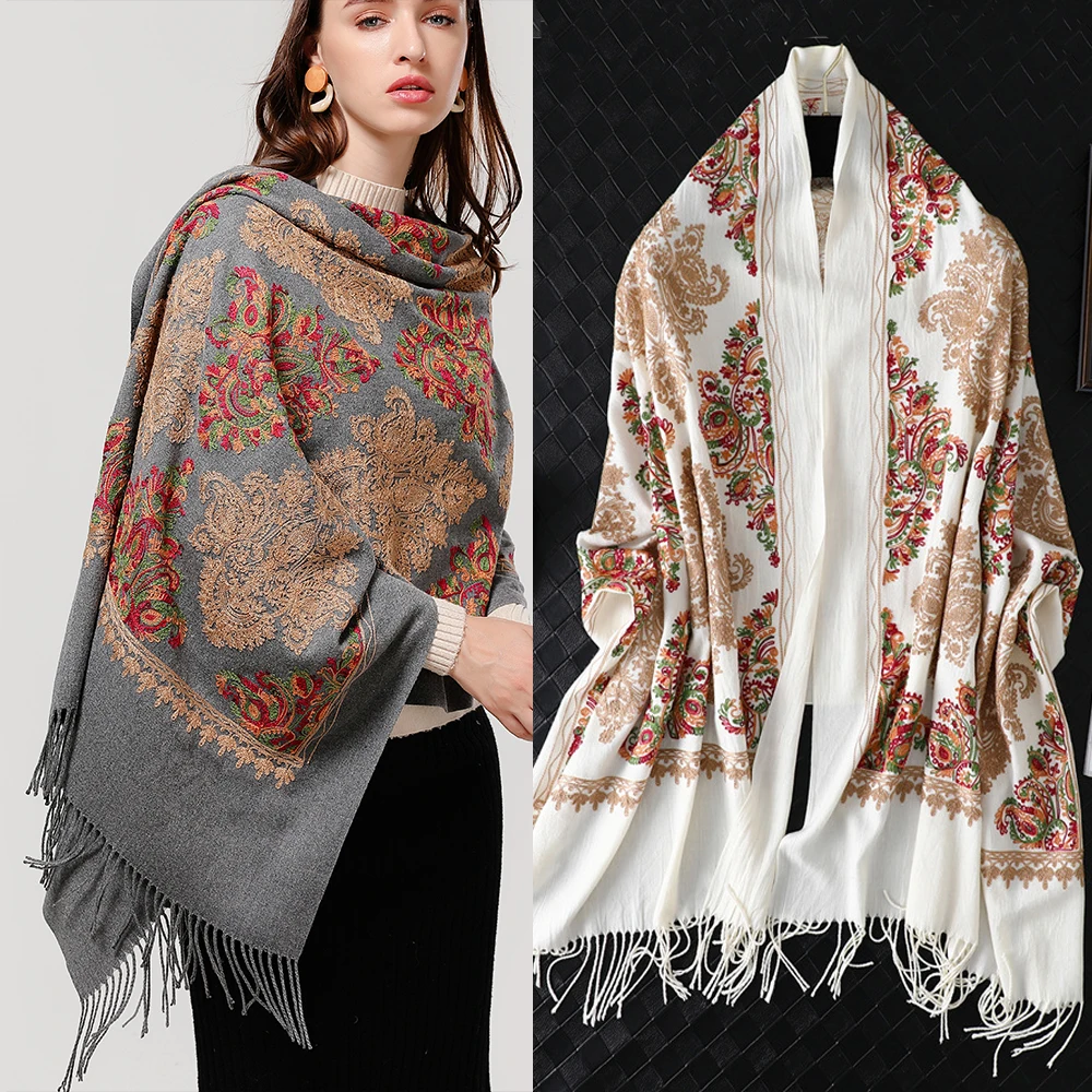 

Women Winter Scarf Cashmere Embroidery Pashmina Shawls And Wraps 2022 Thick Warm Female Foulard Blanket Tassel