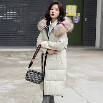 

Women Winter Long Jacket Parka Cotton Artificial Raccoon Fur Collar Hooded Warm Solid Coat Padded Casual Outerwear Windbreaker