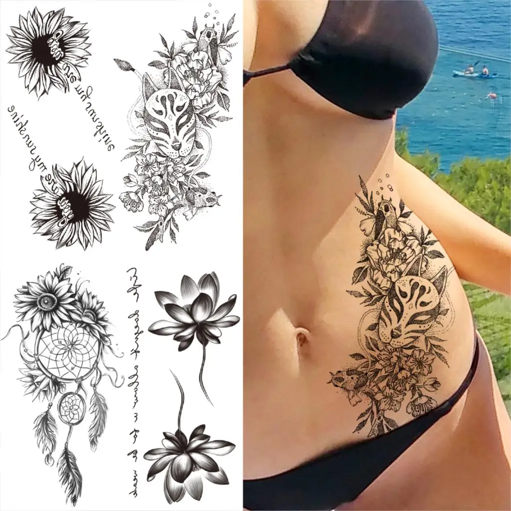 

Sexy Waist Mask Flower Temporary Tattoos For Women Adults Realistic DreamCatcher Lotus Fake Tattoo Transfer Tatoos Stickers