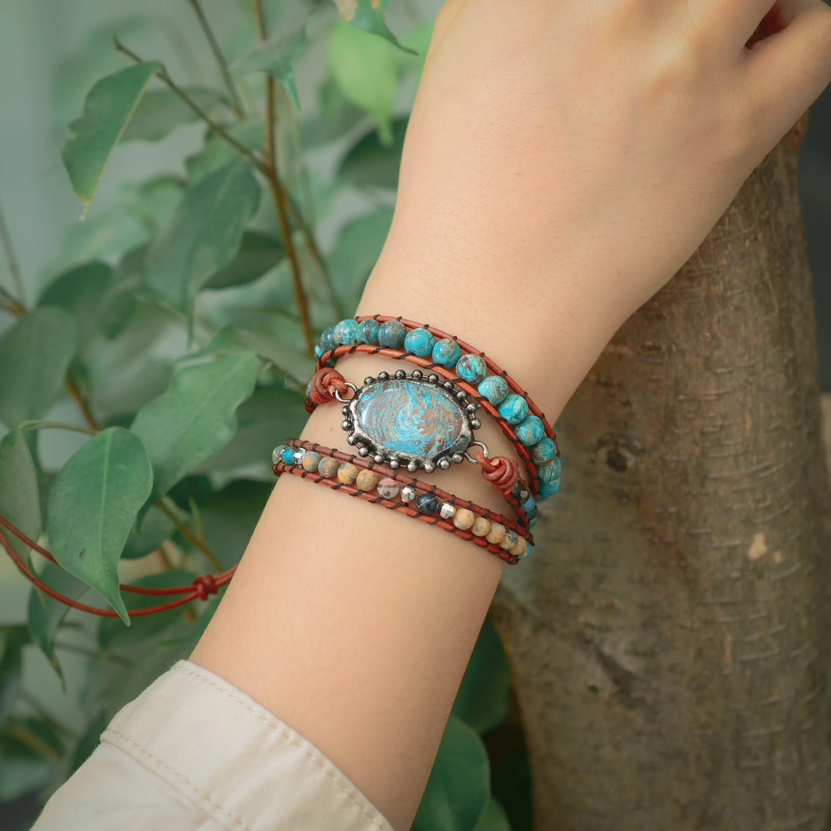 Boho ручная работа океанская яшма 3X обертывающийся браслет винтажный яшма кожаный обертывающийся браслет Прямая