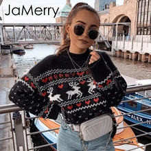 JaMerry Vintage Feliz Navidad suéteres mujer manga larga Otoño Invierno ciervo estampado tejido mujer Jersey Chic superior