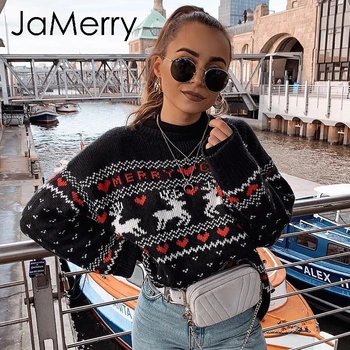 

JaMerry Vintage merry christmas sweaters women long sleeve Autumn winter deer print knitted female pullover Chic top jumper