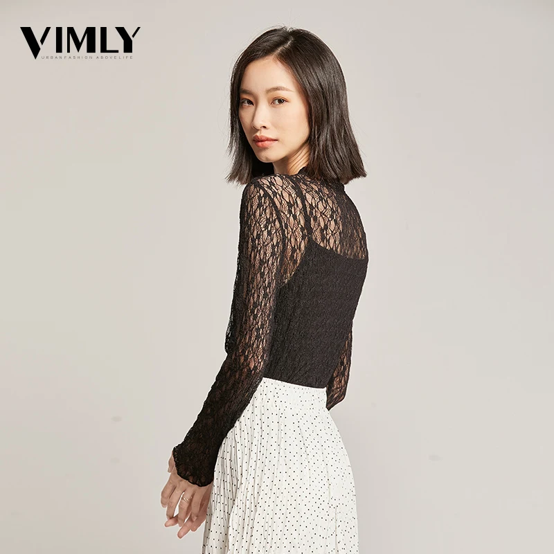  Vimly Women Sweet Lace Transparent Blouse Female Hollow Out Stylish Shirts Blusas Solid Sexy Ladies