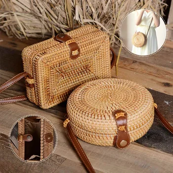 

New Vintage Handmade Crossbody Leather Bag Round Beach Bag Girls 20cm Circle Rattan bag Small Bohemian Shoulder bag 2020 Spring