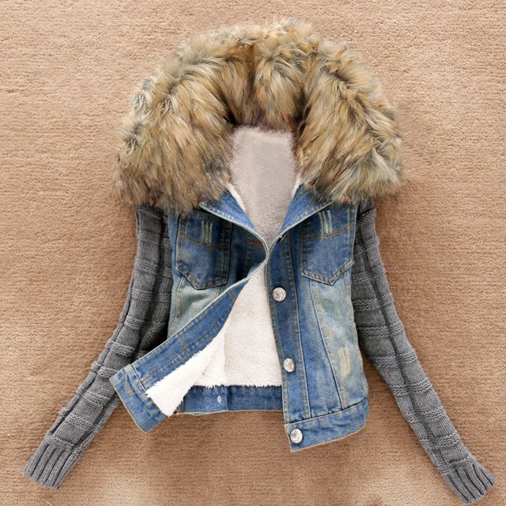 

Women Winter Denim Coat Warm Jeans Button Knit Big fur collar Sleeve Cowboy Denim Pockets Jacket Coat Outwear Jackets