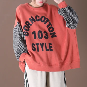 

[EWQ] 2020 Spring New Pattern Round Collar Long Sleeve Letter Print Plaid Patchwork Pullovers Casual Sweatshirt Women AK771