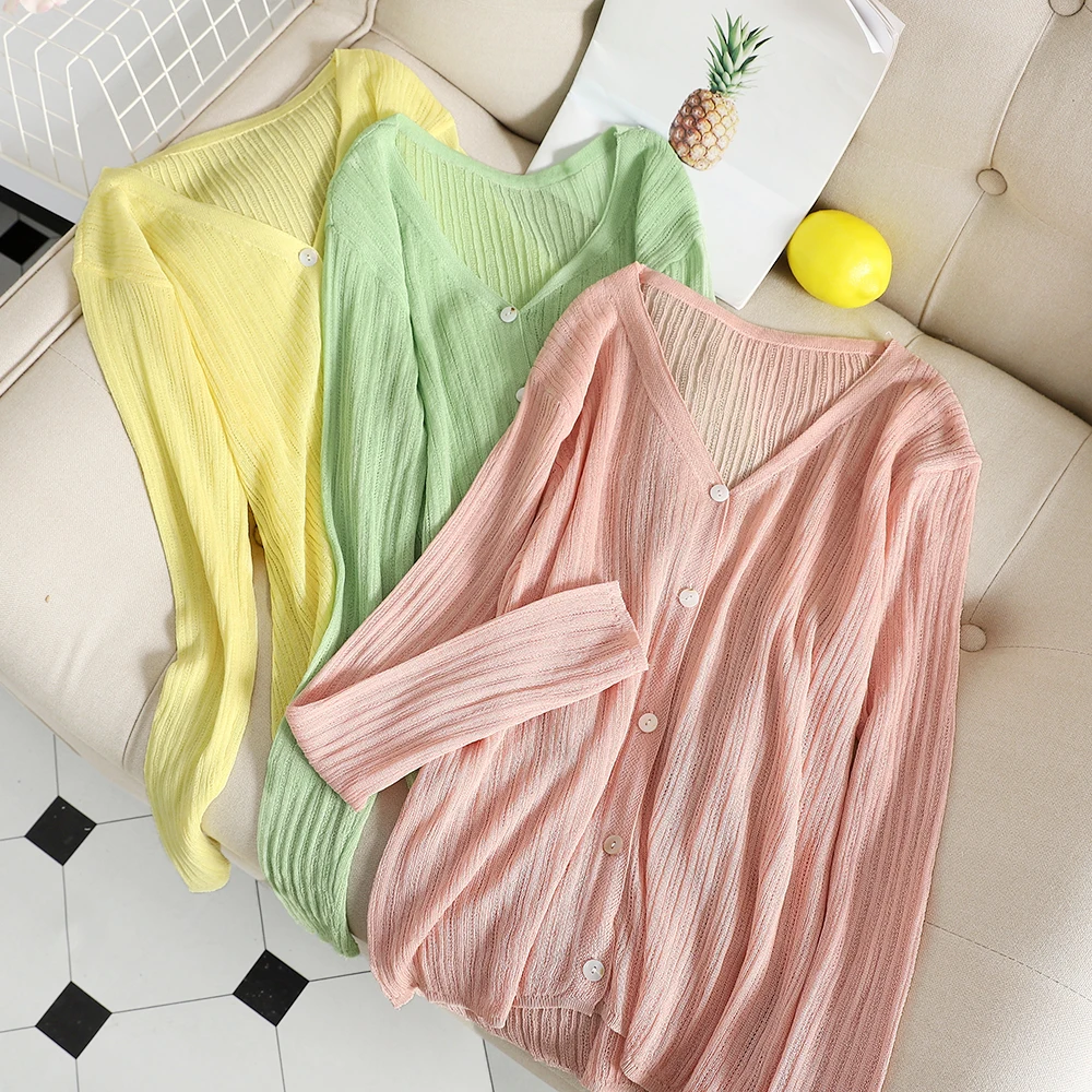 

SKOONHEID Fashion Autumn Women Knitting Cardigans Korean Style Sunscreen Outwear V Neck Knit Tops Thin Ice Silk Knitted Sweater