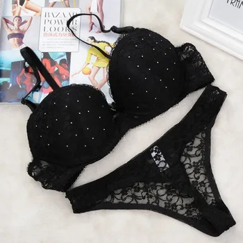 

Hot Sale 3/4 Cup Women Lace Dot Print Bra Set C D Cup Push Up Bra + Panties Underwear Brief Sets