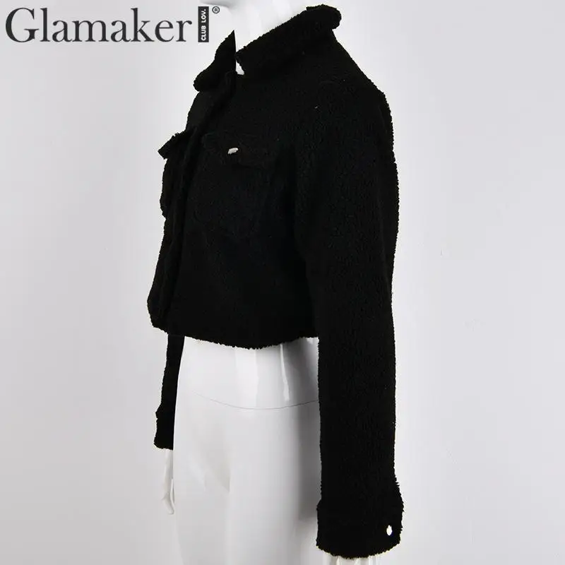 Glamaker, искусственный мех, карман, короткое, плюшевое пальто, женское, белое, зимнее, теплое, кроп, меховая куртка, сексуальная, уличная, осенняя мода, черное пальто