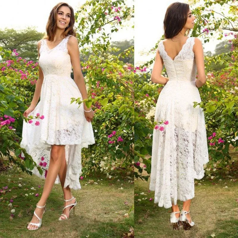 High Low Wedding Dresses 2021 Modest Full Lace V-neck Summer Holiday Seaside Beach Bohemian wedding gowns Cowgirl Bridal Dress | Свадьбы и