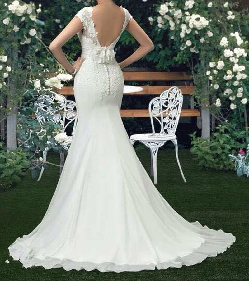 Vestido De Novia, свадебные платья русалки,, рукава-крылышки, Аппликации, шлейф, открытая спина, шифон, африканские свадебные платья, дешево