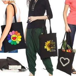 Women Shopping Bag Canvas Tote Bags Reusable Grocery Handbags Eco Foldable Cute Daisy Series Pattern Shoulder Bags