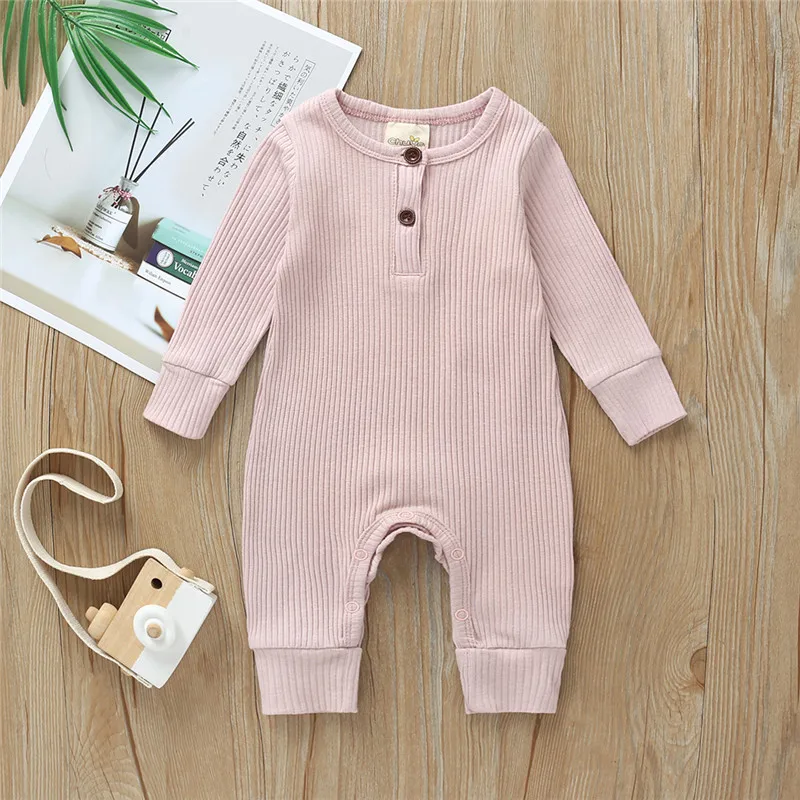 Вязаный комбинезон для новорожденных мальчиков и девочек; комбинезон с длинными рукавами; однотонная хлопковая одна единица одежды; розовый, серый, черный, белый