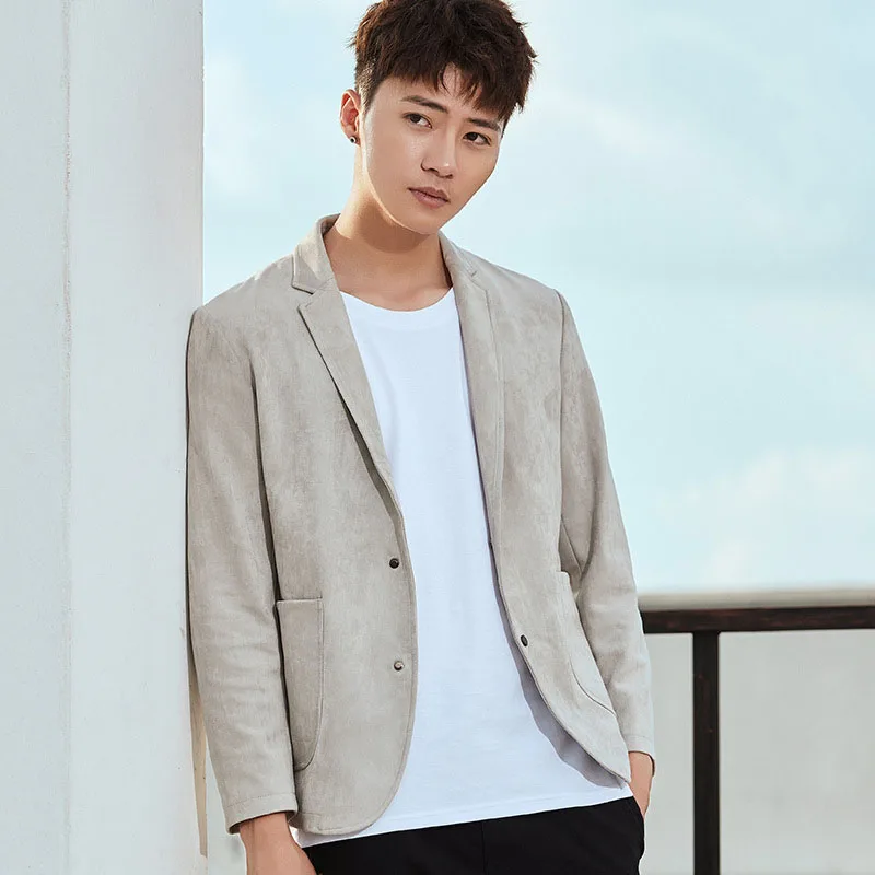 

Spring Autumn Solid Men Blazers Suede Khaki Black Slim Fit Blazer Jacket Male Fashion Street Casual Suit Costume Regular Coat