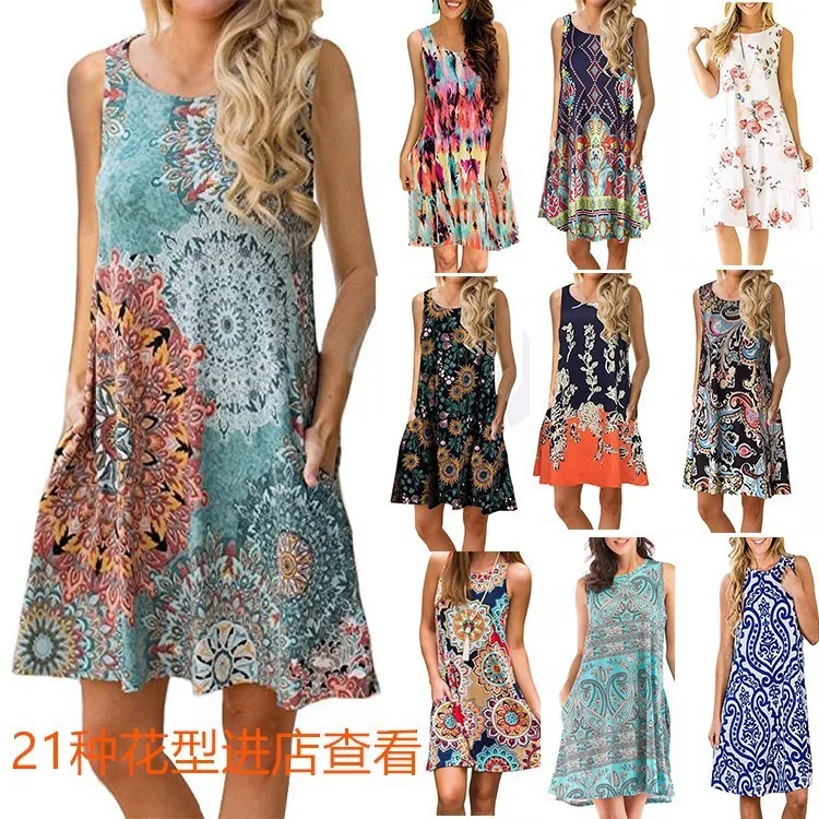 

Cover Ups Dress Beach Women's Outings 2019 Summer Dresses New Long Sleeveless Element Pocket Printed Velvet Acrylic Print