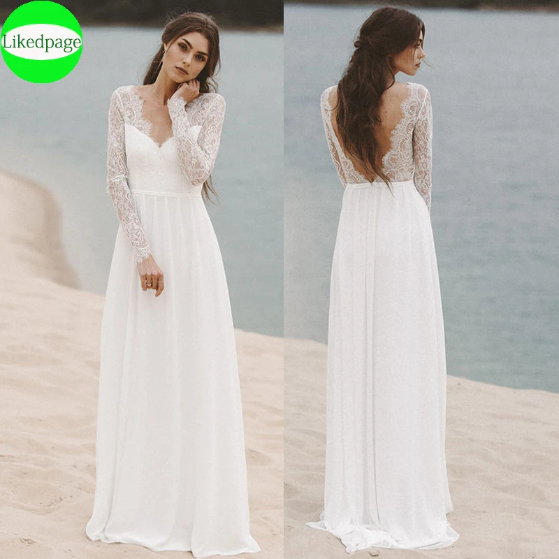Abito Da Sposa A Maniche Lunghe Beach Vestidos De Novia Sexy Simple Illusion Back Lace Abito Da Sposa 2021 Robe Mariage Abito Da Sposa