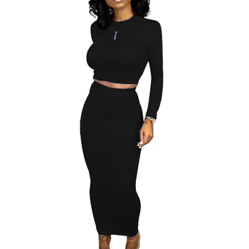 

Autumn Solid Casual Dress 2 Piece Sets O Neck Full Sleeve Crop Top With Bodycon Long Dress Rompers Women Club Sexy Outfits Black