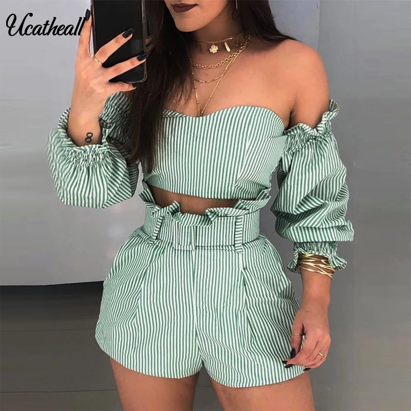 

Plaid Women Two Piece Outfits Shorts And Blouse Set Autumn Fashion Casual Off Shoulder Trousers Matching Sets