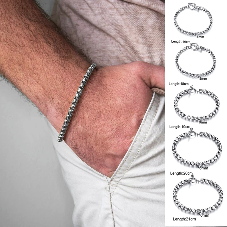 

ROUND BOX CHAIN BRACELET, 6.3 TO 8.26 INCH 4MM - 6MM THICK STAINLESS STEEL SILVER BOX LINK HOLLOW CHAINS FOR MEN WOMAN JEWELRY