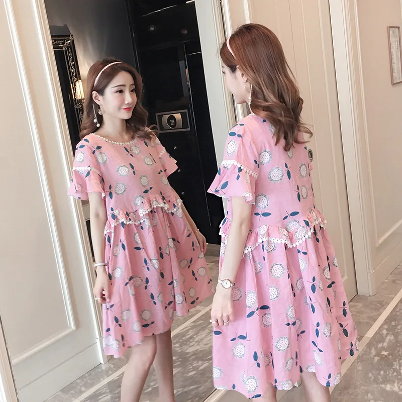 

Maternity Clothes 2019 Summer New Style Korean-style Fashion Printed Cotton Linen Loose And Plus-sized Pregnant Women Dress