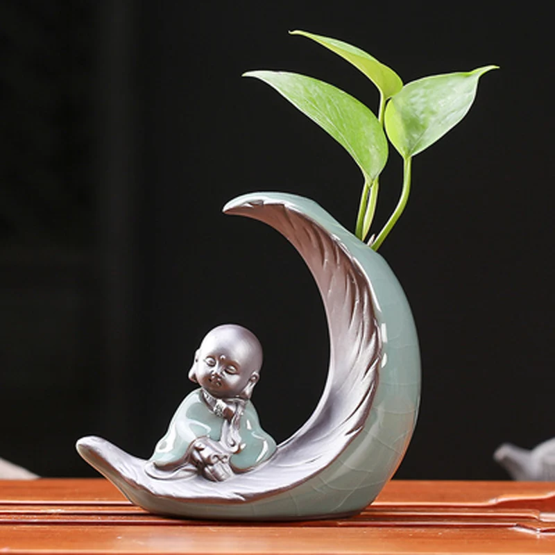 Little Monk Ceramic Chinese Kung Fu Geyao Tea Pet, Creative Moon Shape Ornaments, Hydroponics Flower Pot Vases, Desktop Decor