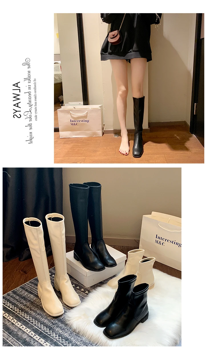 Black Beige Leather Women Knee High Boots Square Head Footwear Low Heels Female Motorcycle Boot Shoes Woman Winter New