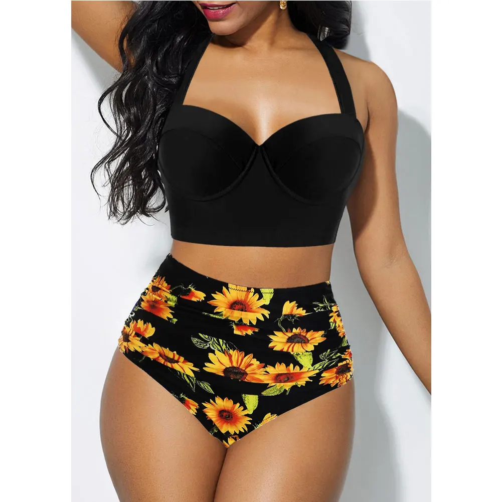 

New 2020 Women Sexy Bikini Set High Waist Floral Printing Bottom Bandage Push Up Padded Swimwear Swimsuit Bathing Beachwear