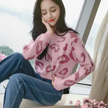

leopard print sweaters woman autumn long sleeve short pullovers women leopard knitwear tops
