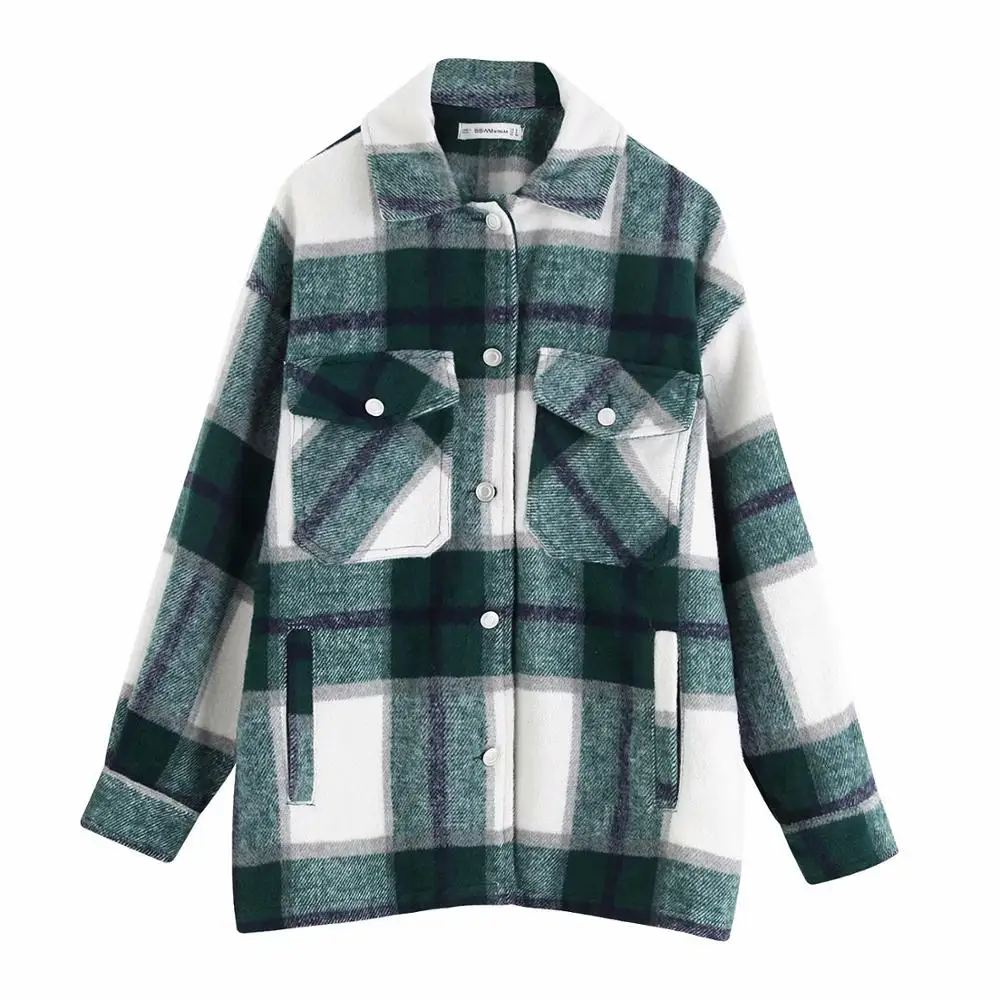 Za New Plaid Shirt Jacket Women Geometric Plaid Coats Fashing Clothing Long Sleeve Jackets Trendy Streetwear - Цвет: green