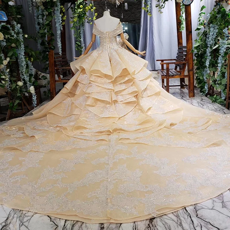 HTL660 short sleeved ball gown wedding dresses cathedral train sequined off the shoulder wedding dress vestido de casamento
