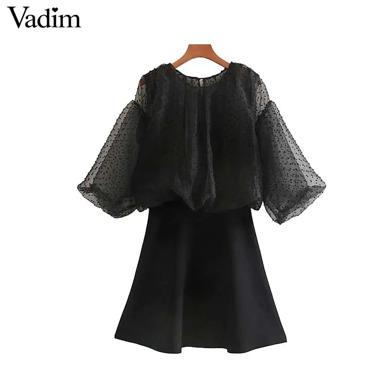 

Vadim women sexy mesh mini dress ruffles transparent sleeve see through female party club black dresses vestidos mujer QD059