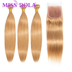 Miss Rola Hair Brazilian Straight Human Hair Weaving 3 Bundles With 4*4 Closure 27# Honey Blondon Remy Hair Bundles With Closure