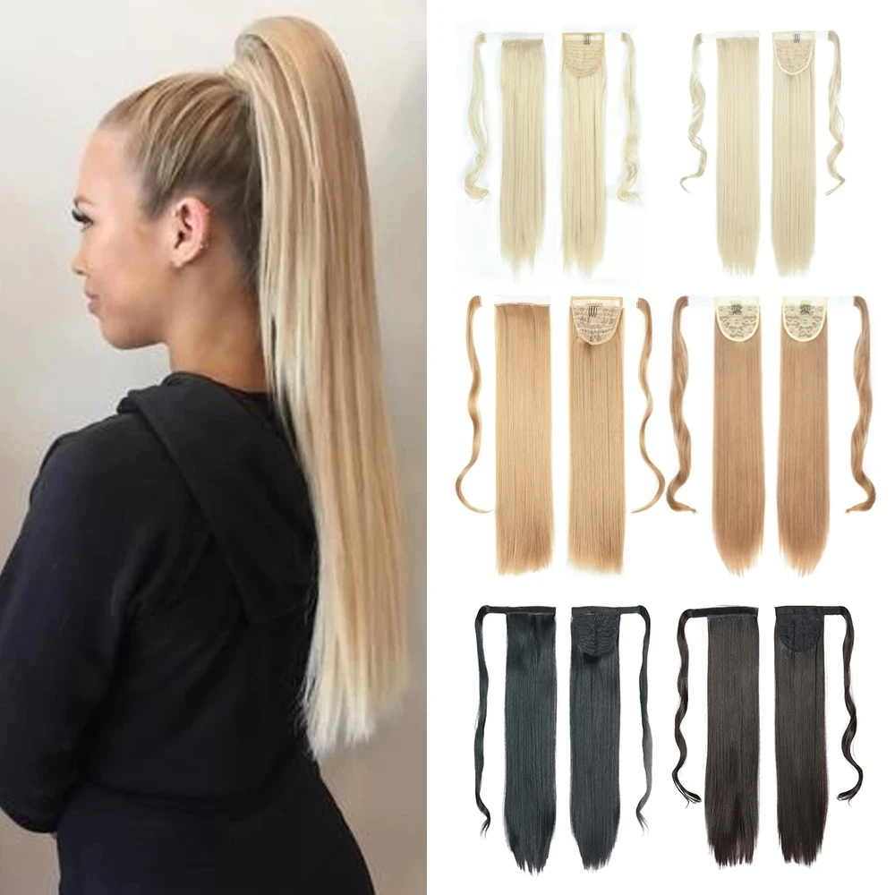 Azqueen Long Straight Wrap Around Clip In Ponytail Hair Extension Heat Resistant Synthetic Pony Tail Fake Hair
