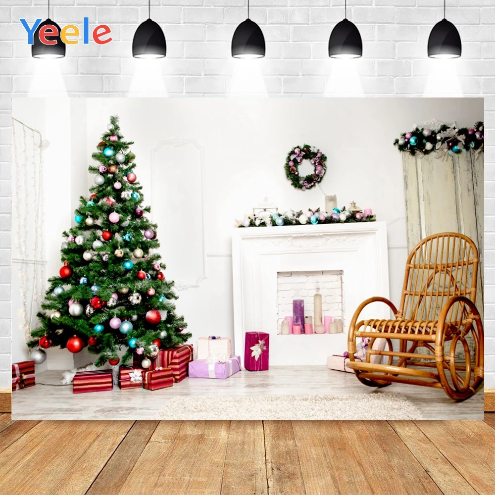

Yeele Merry Christmas Green Tree With Red Silver Ball White Fireplace Background Photography Backdrops for Decor Customized Size