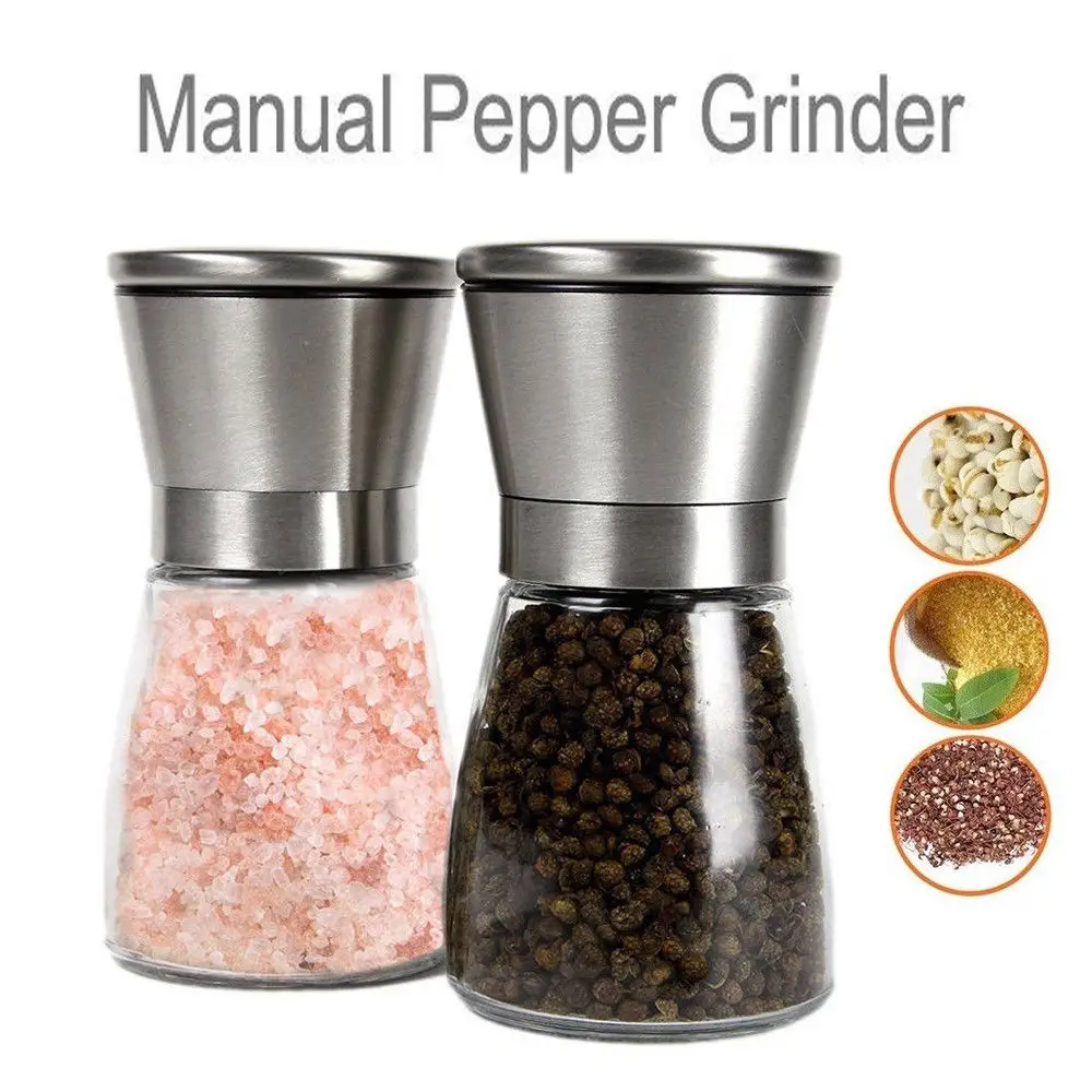 

2pcs/set Stainless Steel Pepper & Salt Grinders Muller Adjustable Ceramic Manual Herb Mills Spice Seasoning Choppers Glass Body