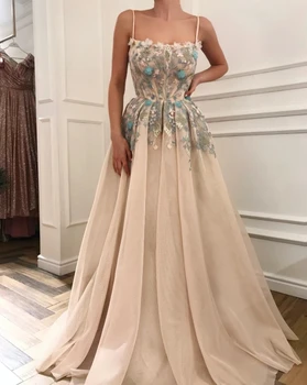 

Spaghetti Straps Muslim Evening Dresses 2019 A-line Tulle Appliques Beaded Islamic Dubai Saudi Arabia Long Evening Gown Prom