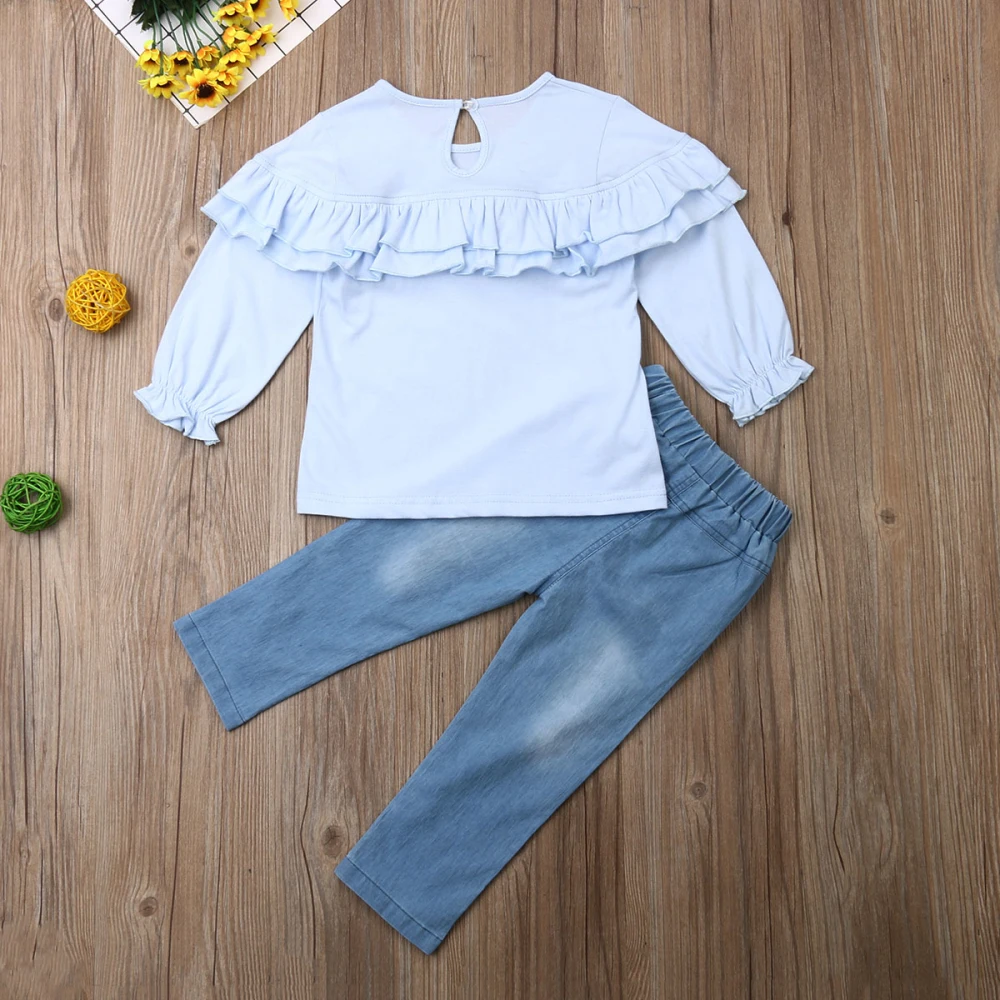 Baby Spring Autumn Clothing Boutique Kids Baby Girl Long Sleeve Ruffle Tops T-Shirt Pocket Denim Pants Jeans Outfits 1-6T