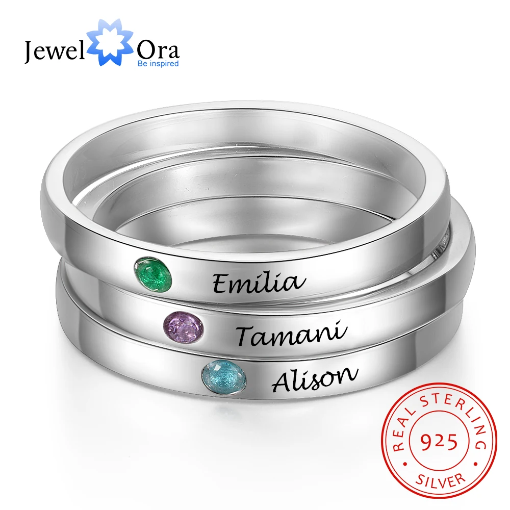 

JewelOra Personalized Stackable Name Ring with Birthstone 925 Sterling Silver Customized Engraved Rings for Women Fine Jewelry
