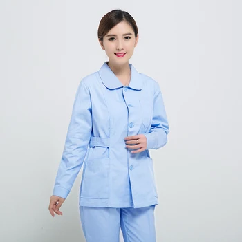 

Nurse wear long sleeve winter two - piece round doll collar slim work clothes cosmetologist wear short blue oral wear