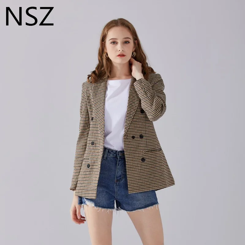 Коричневый NSZ женский элегантный клетчатый Блейзер костюм с длинным рукавом двубортный тонкий клетчатый пиджак формальная Офисная Рабочая куртка Houndstoot верхняя одежда - Цвет: Коричневый