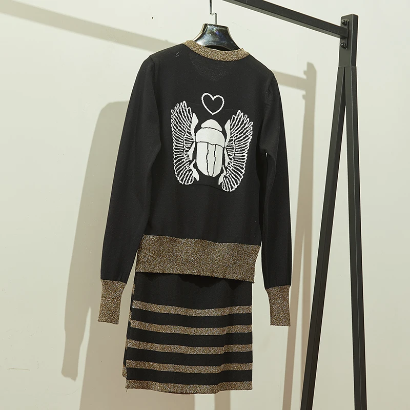 Fall Vintage Women Knitted Pattern Single-breasted Sweater Jackets &amp Knee-length Stripes Skirt Ladies Casual 2pcs Set | Женская