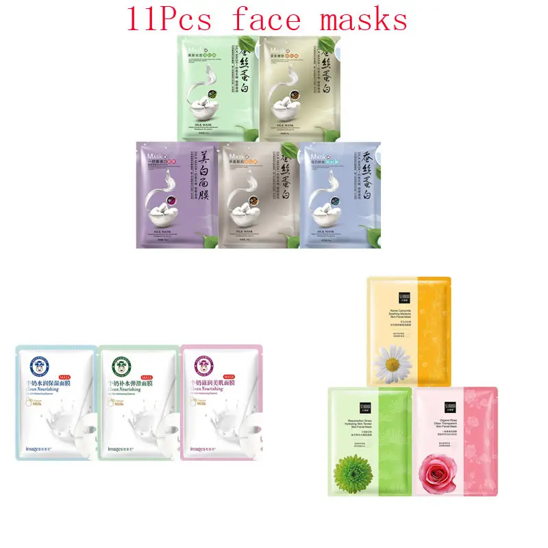 

11Pcs mixed Silk protein Plant flowers Face Mask extraction Moisturizing Whitening Anti-Aging Oil-control Facial Masks skin care