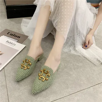 

Women slippers outside spring Half drag one pedal Comfortable low heel stylish pointed suede Fresh elegant dating shoes U24-99