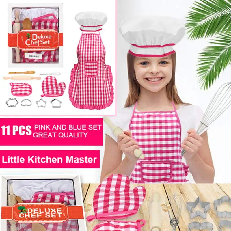 Mitt & Utensil,Thermal pad 【US Stock】 Kids Cooking and Baking Set,Alonea Includes Apron for Little Girls Chef Hat for Toddler Dress Up Chef Costume Career Role Play for 4-12 Years Old White 