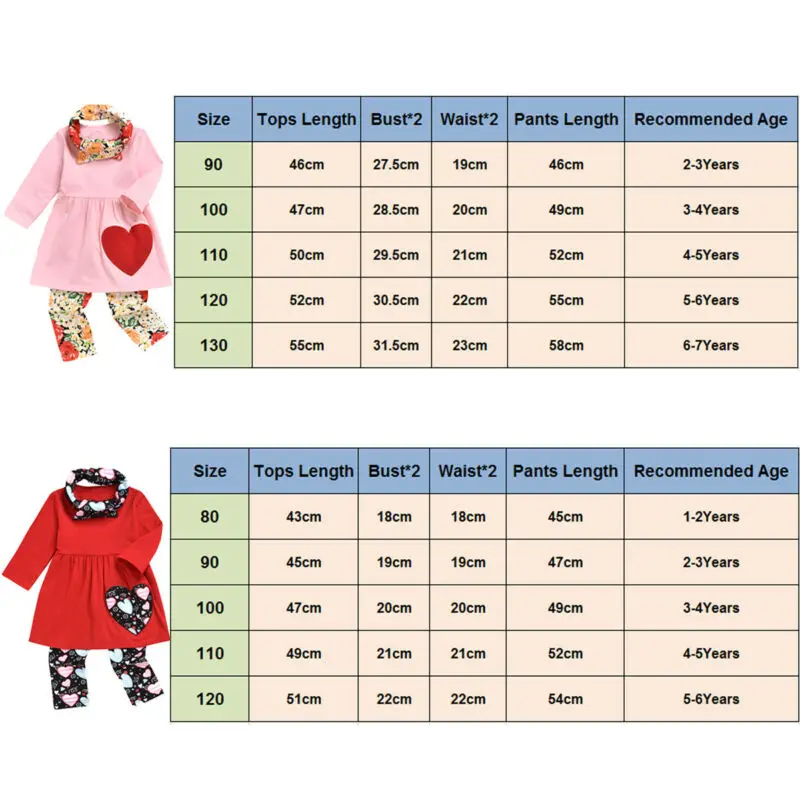 Красивая детская одежда для маленьких девочек с принтом в виде сердечек, комплект из 3 предметов платье с длинными рукавами Топы, леггинсы комплекты с шарфом Одежда для девочек на День святого Валентина, От 0 до 7 лет