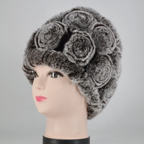 color 21 Winter Rex Rabbit Fur Hat Women Knitted Natural Rex Rabbit Fur Flowers Beanies Hats Warm Soft Real Rex Rabbit Fur Caps - Цвет: color 21