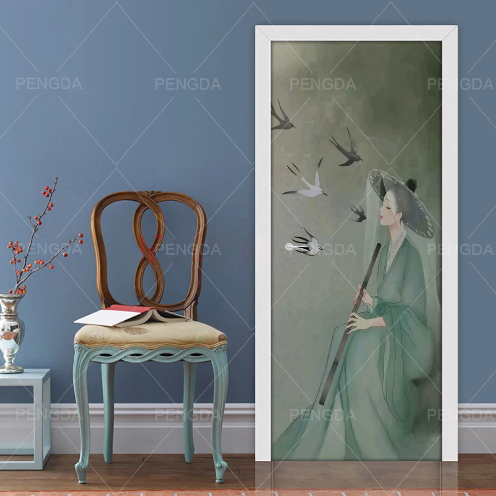 

Self Adhesive Decal 3D Print Sticker Ancient Costume Girl Bird Picture Home Decor Paper For Cabinet Door Waterproof Art Poster