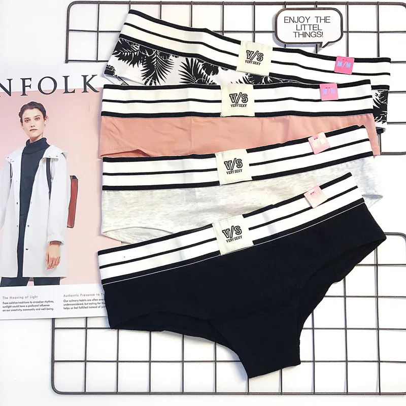 

okkdey Pure Stripe Black Gray Letter Pure Cotton Sexy Low Waist Sexy Sports Lady's Triangular 0326Underwear 0326