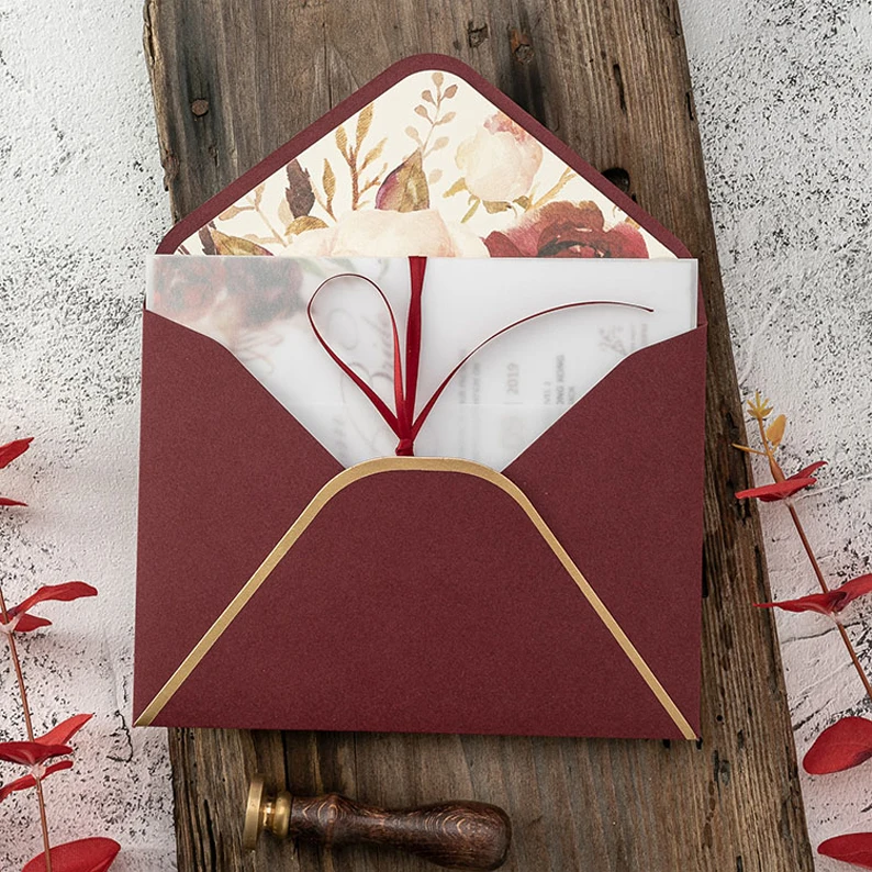  50PCS Wedding invitation custom invitation DIY wine red European retro Phnom Penh envelope sulfate  - 10000008372773