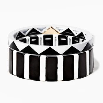 

C.QUAN CHI 2pcs Set Stripe Stacking Statement Bracelets Handmade Enamel Tile Alloy Beads Strand Wrap Bangles Cuff